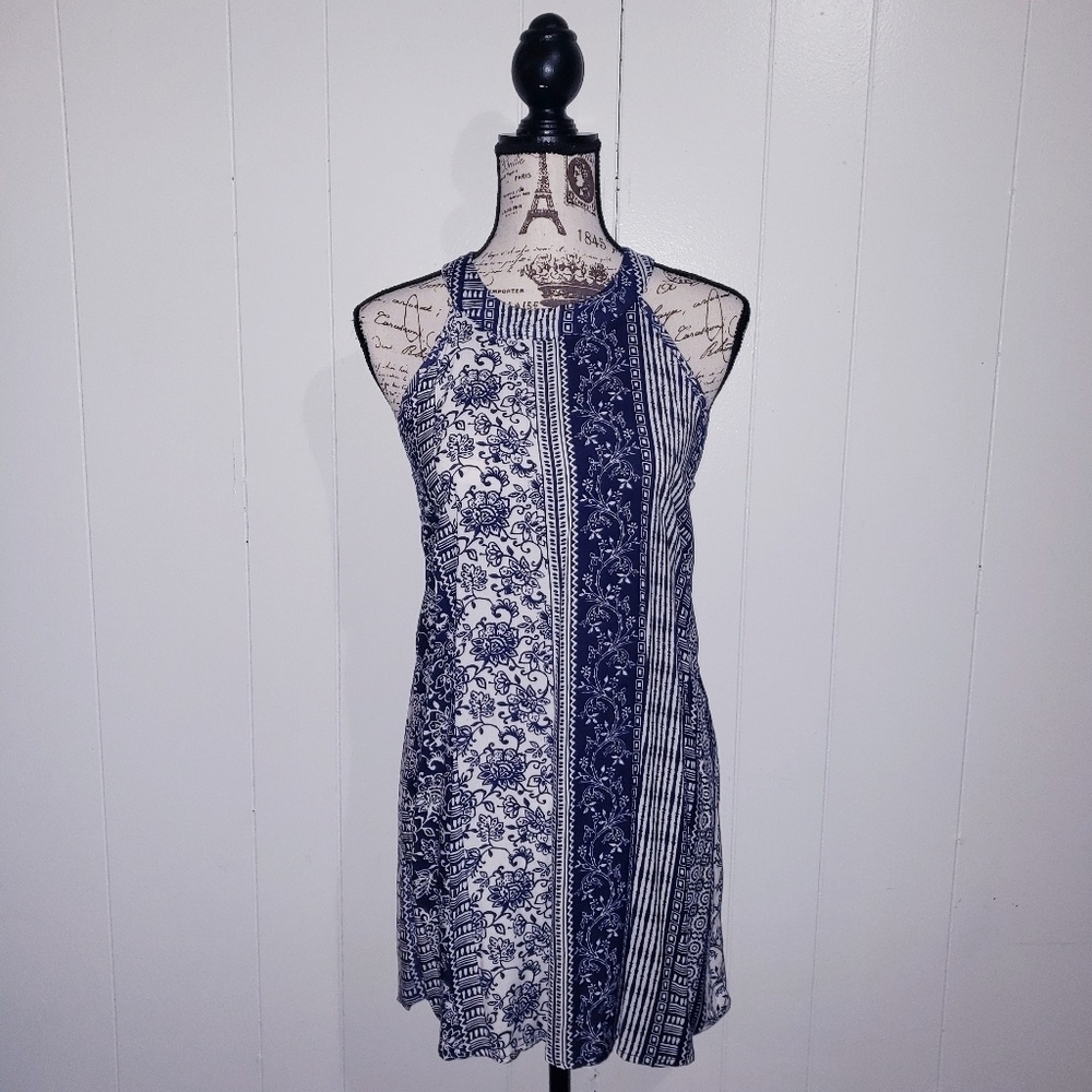 Blue Floral Print Halter Dress
